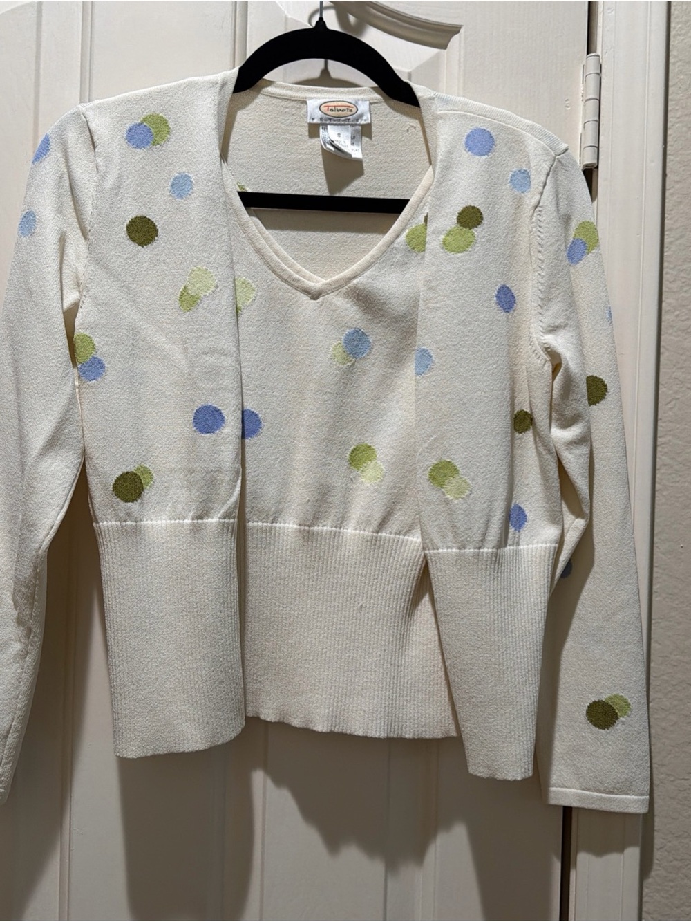 Talbots Cream V-Neck Sweater with Blue and Green Dots
